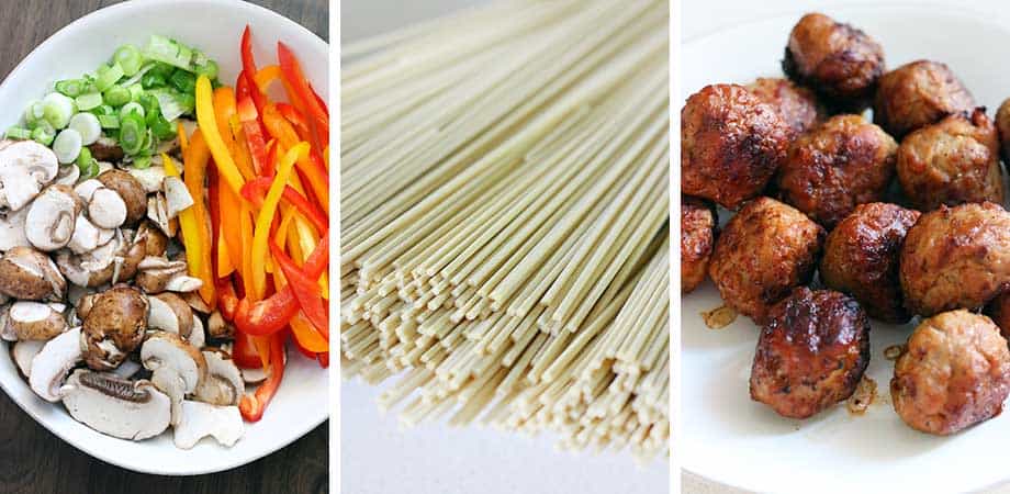 Photo collage with ingredients for meatball lo mein.