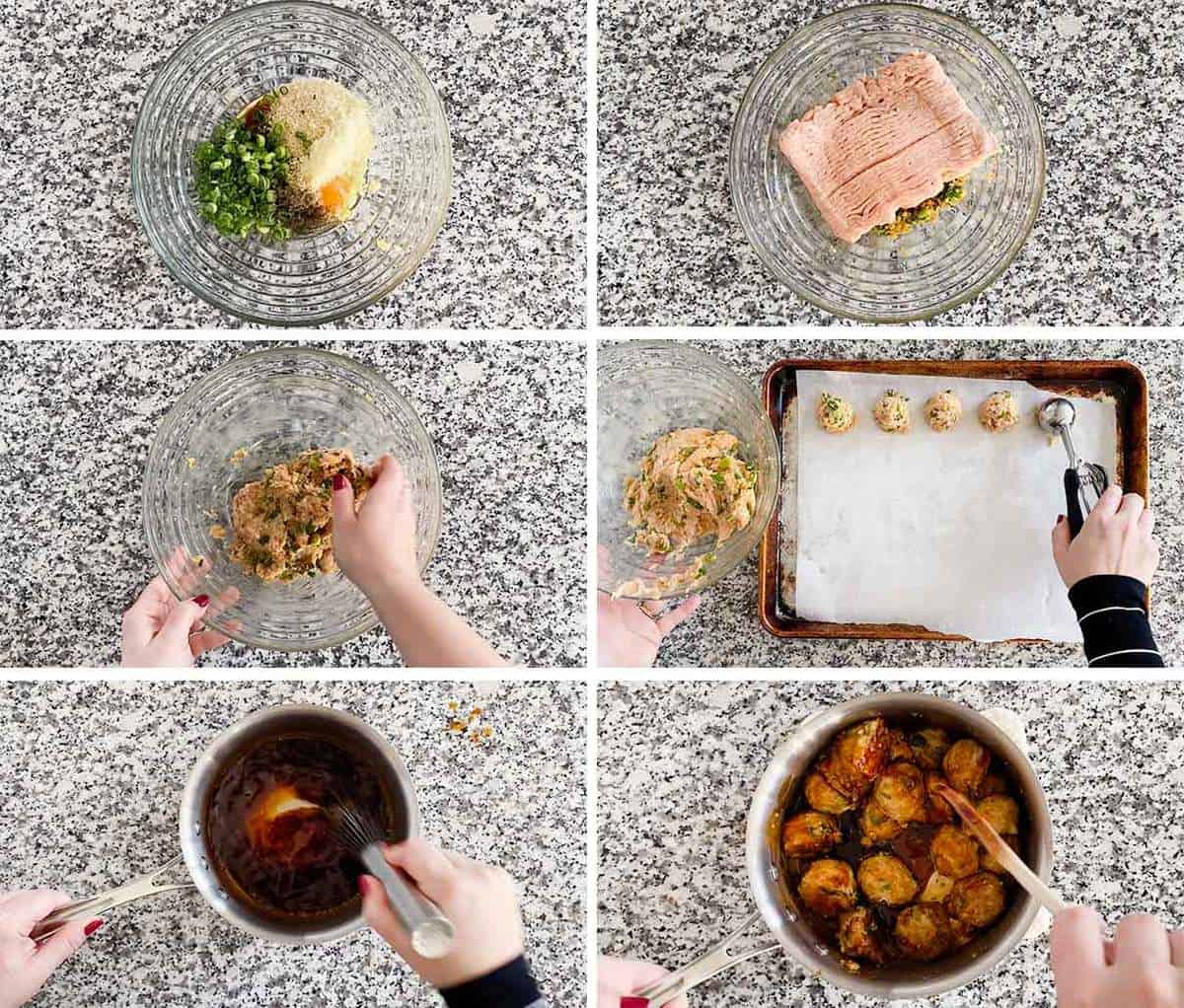 Process collage showing how to make Asian chicken meatballs.