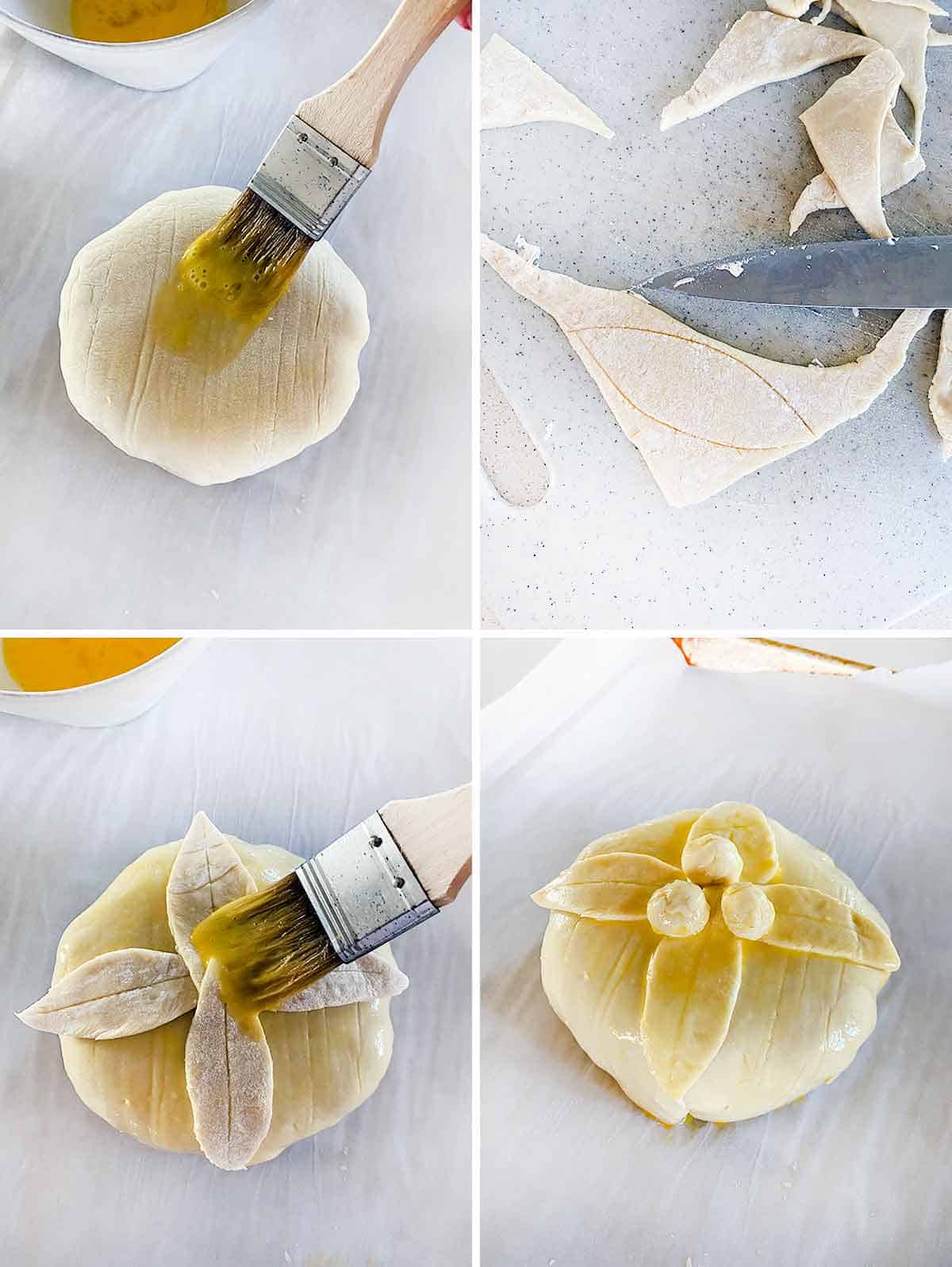 Process collage showing how to brush a brie en croute with egg wash and decorate with leaves.
