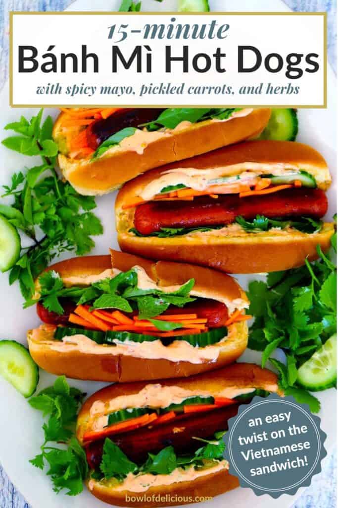 Pinterest image for Bánh Mì Hot Dogs.