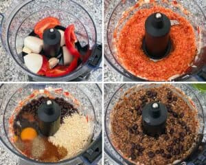 Process collage showing how to make a mixture for black bean burgers in a food processor.