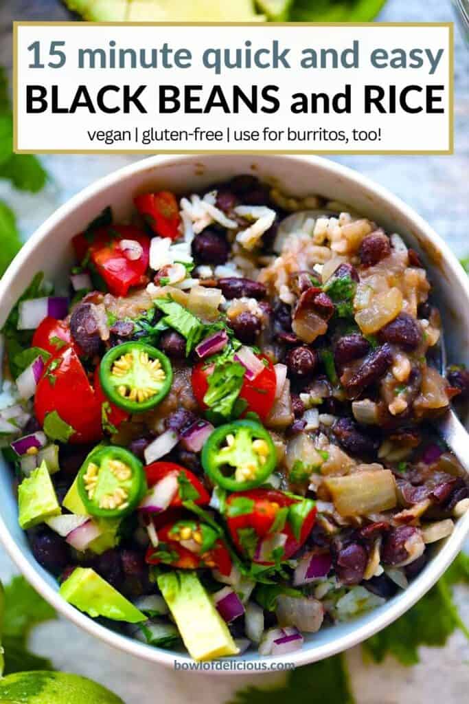 Pinterest image for black beans and rice.