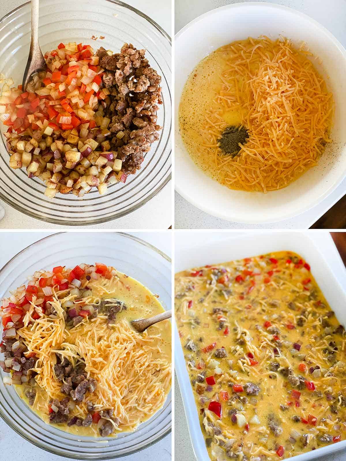 Process collage showing mixing the ingredients for breakfast casserole and pouring it into a baking dish.