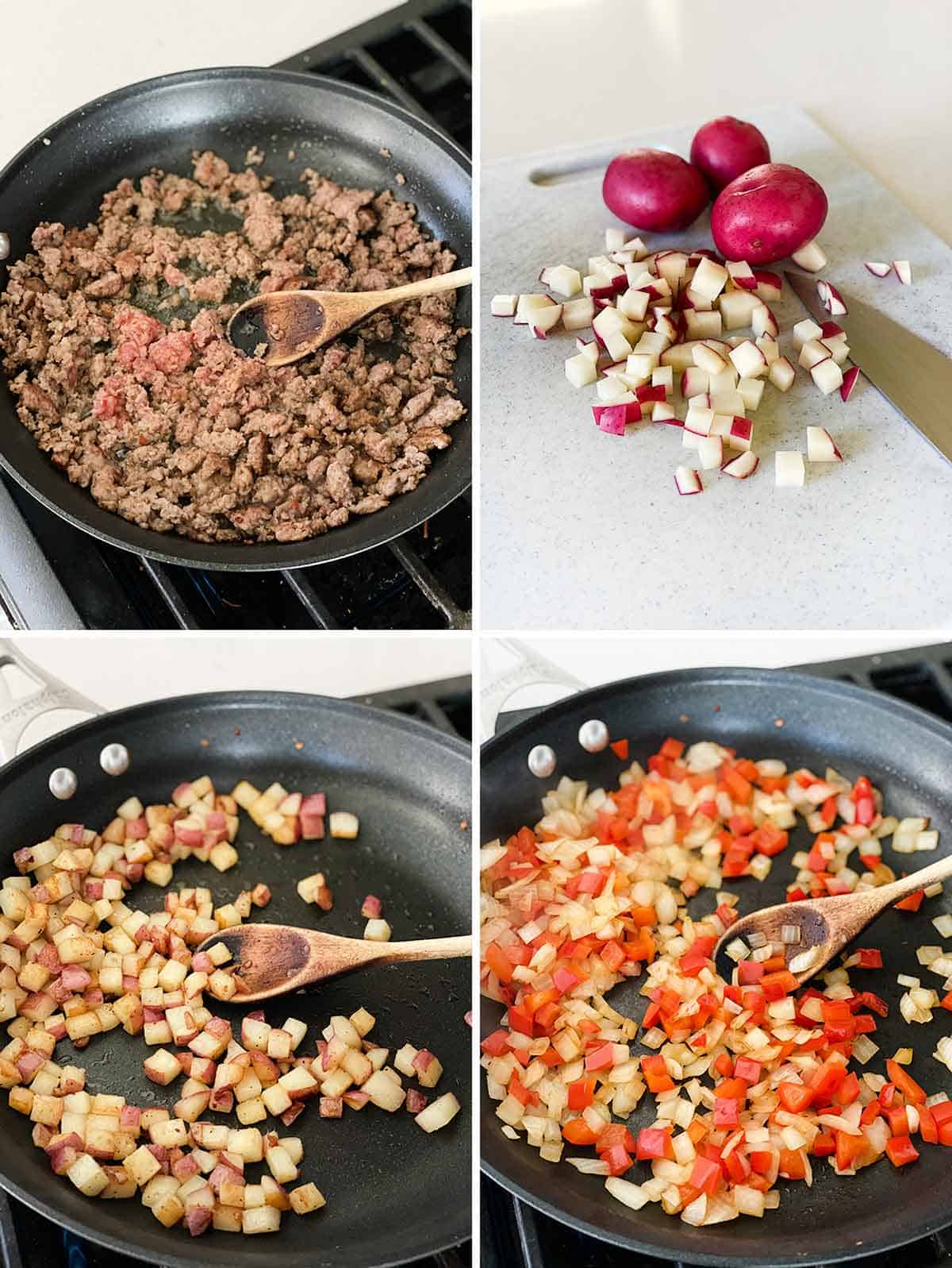 Process collage showing cooking sausage, potatoes, peppers, and onions in a skillet.