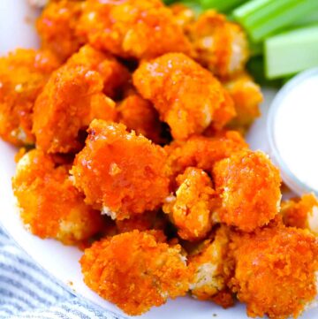 Square image of buffalo cauliflower wings.
