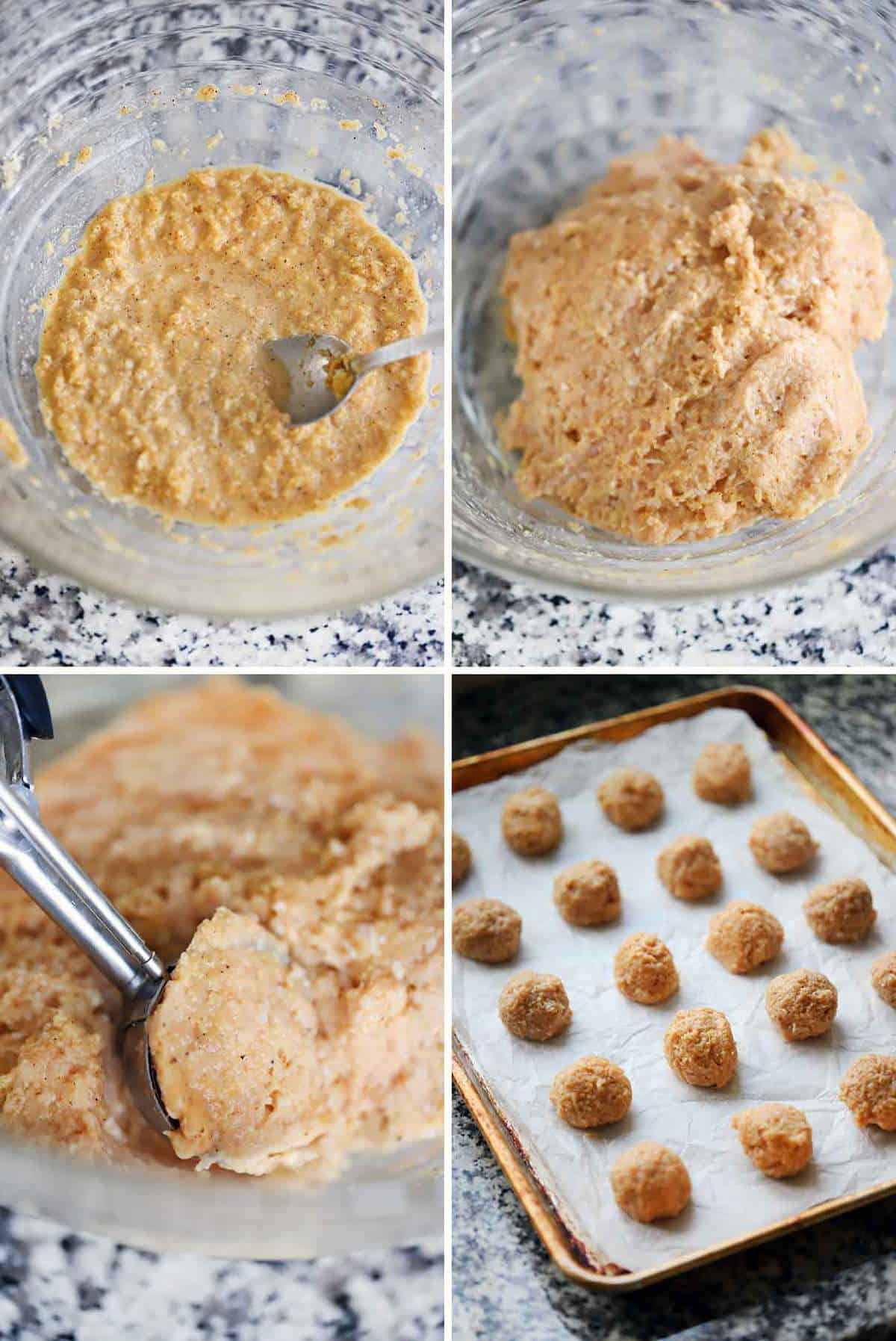 Process collage showing how to mix chicken meatballs and place on a baking sheet.