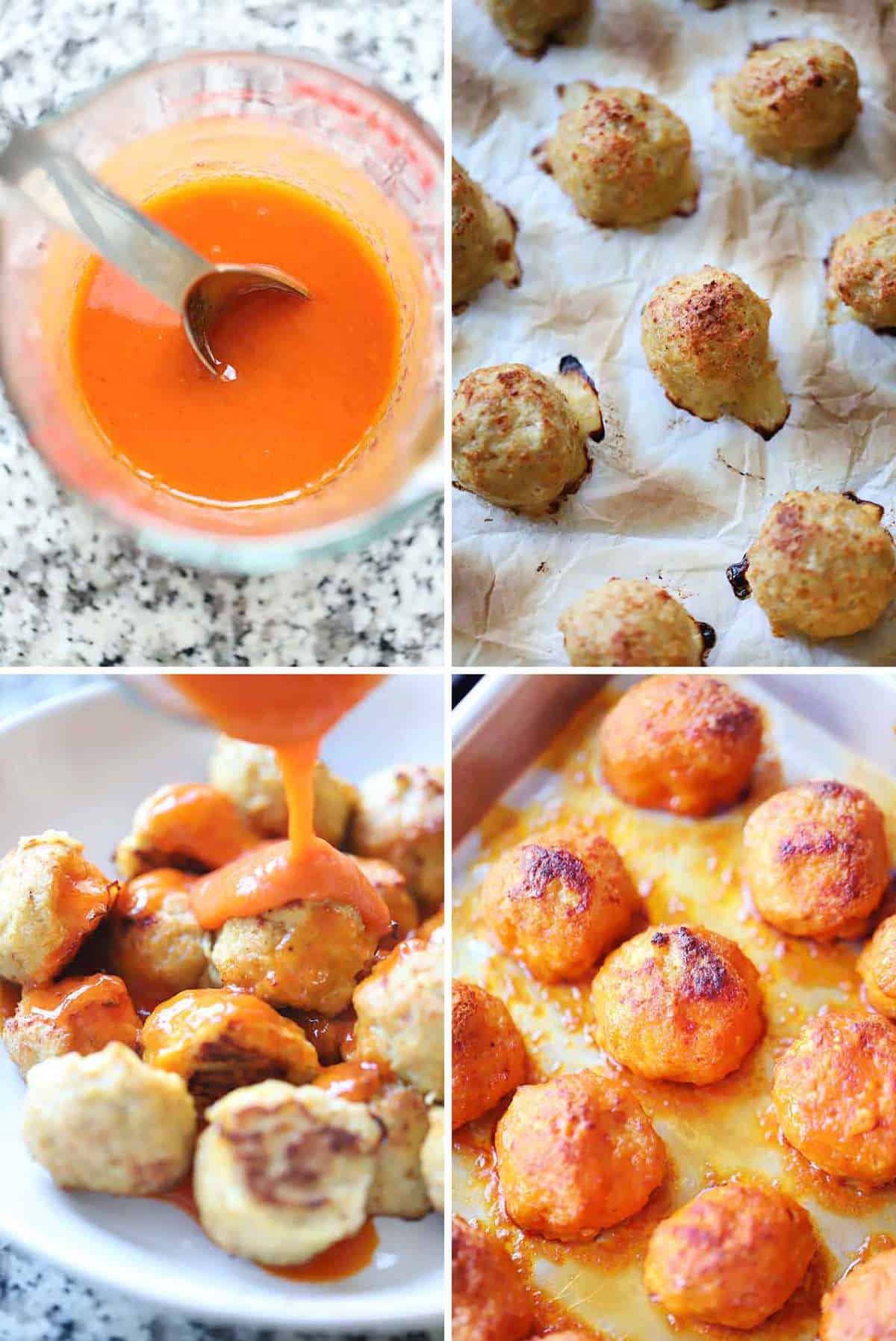Process collage showing tossing chicken meatballs with buffalo sauce and baking.
