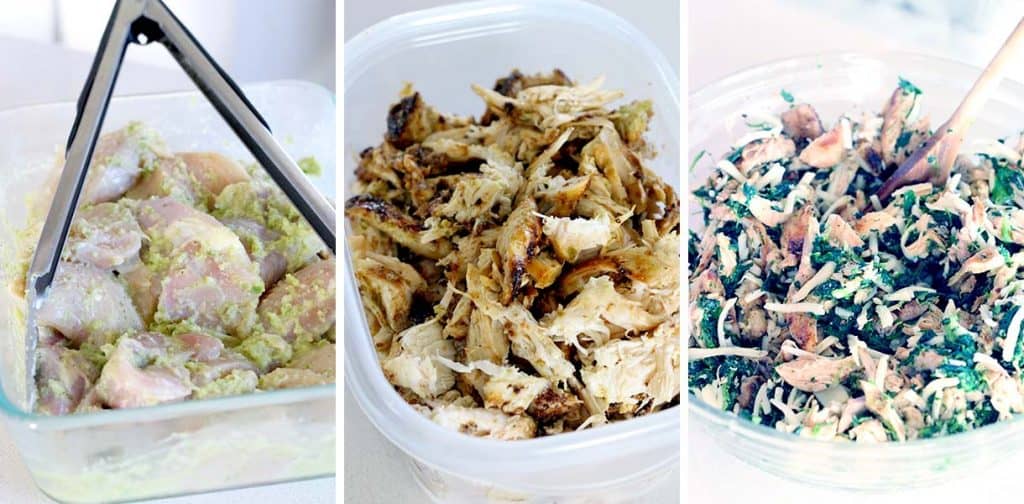 These Chicken and Spinach Enchiladas Verdes are my FAVORITE enchiladas! The recipe is freezable and packed with healthy greens, the chicken is marinated in a delicious jalapeño garlic mixture, and they're topped with jarred roasted tomatillo salsa for a quick and easy shortcut.