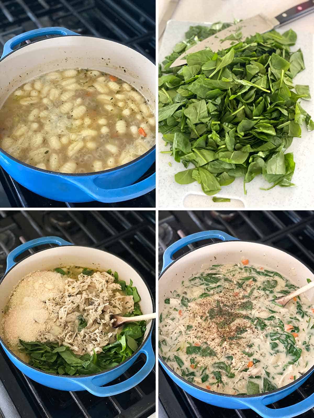 Process collage showing gnocchi floating at top of soup, chopped spinach, and mixing all ingredients for chicken gnocchi soup.