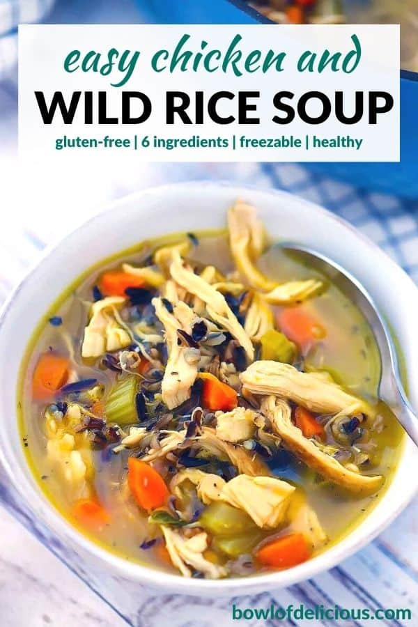 Pinterest image for chicken and wild rice soup.