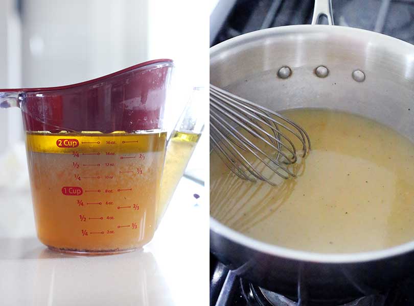 Process collage showing turkey drippings and making gravy on the stovetop.