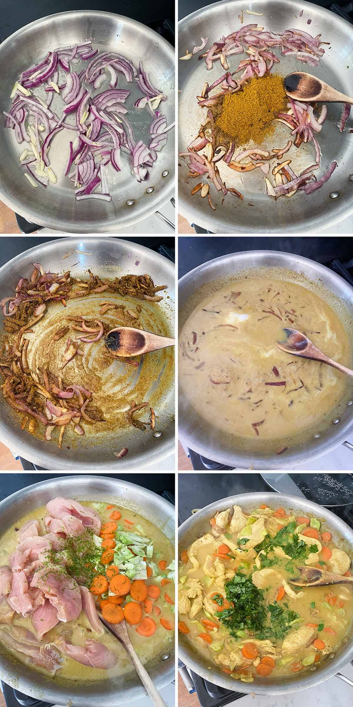 Process collage showing how to make coconut chicken curry in a skillet.