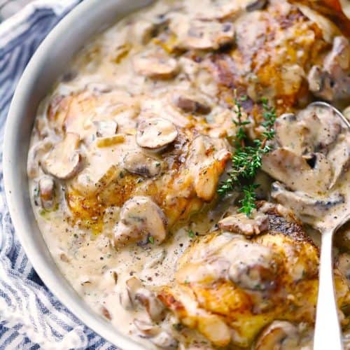 Square image of roasted chicken thighs in creamy mushroom sauce in a skillet.