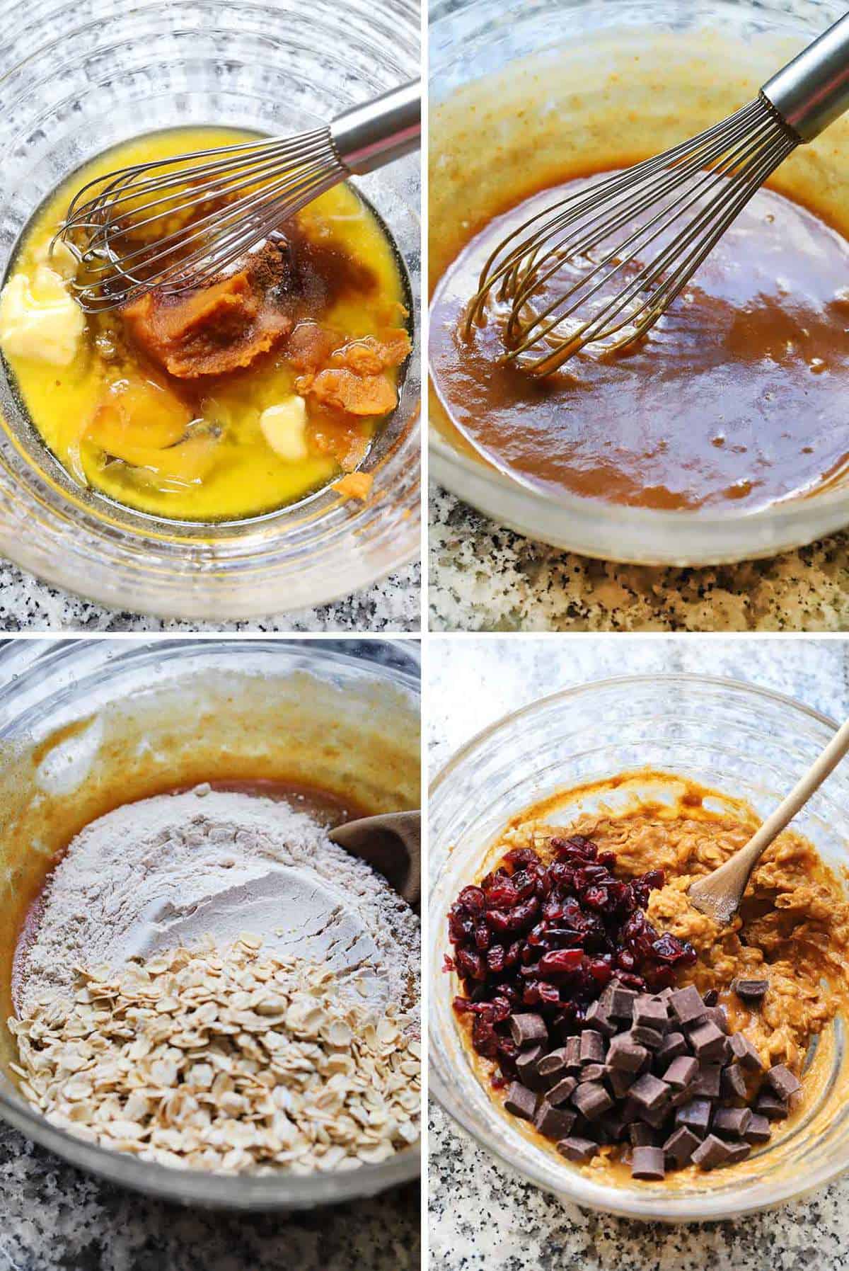 Process collage showing mixing the batter for pumpkin oatmeal cookies.