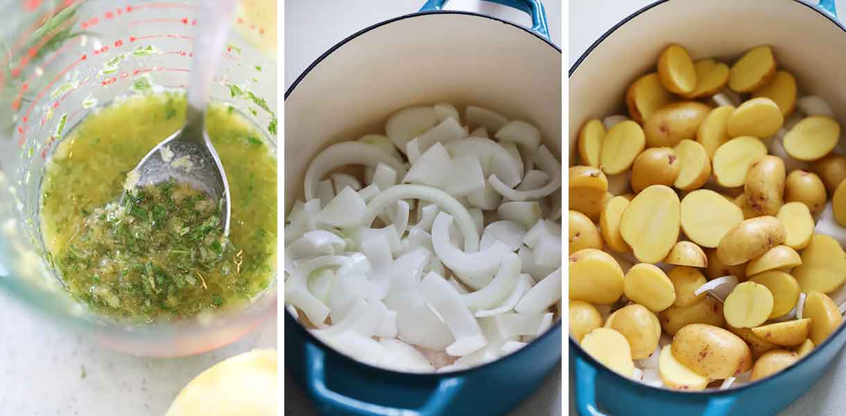 Mixing lemon, garlic, and rosemary with butter, and layering onions and potatoes in a dutch oven.