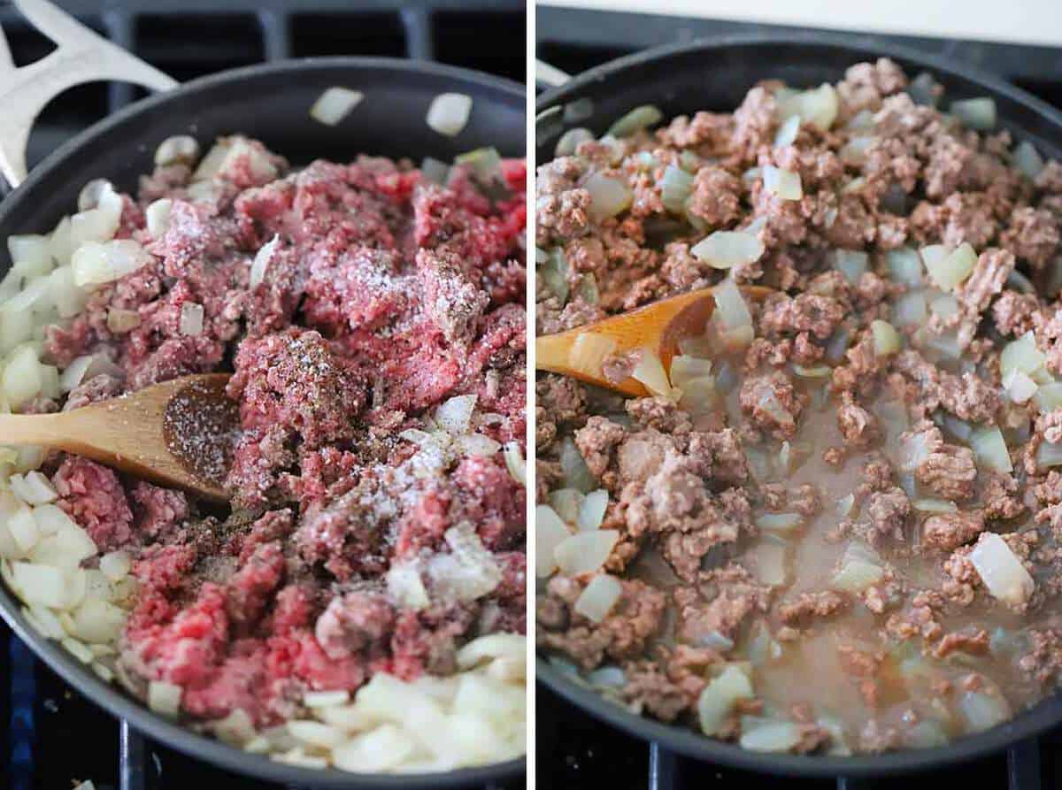 A skillet with ground beef and onions.