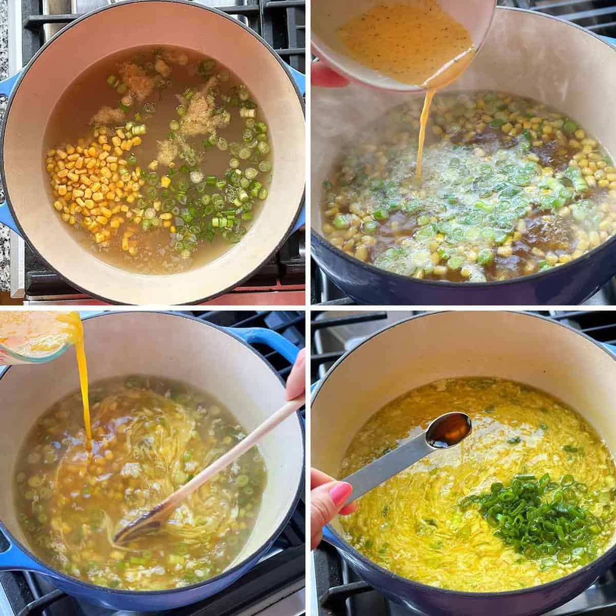 Process collage showing how to make egg drop soup in one pot, stirring the eggs in, and stirring the cornstarch slurry in to thicken it.