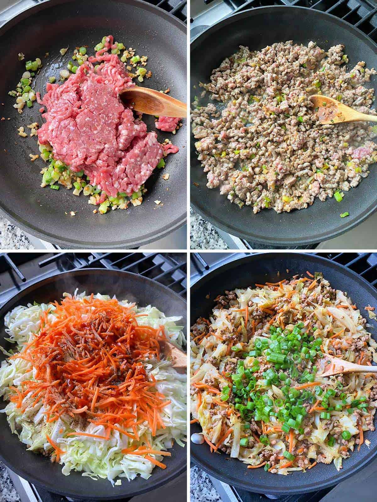 Process collage showing making egg roll in a bowl in a skillet.