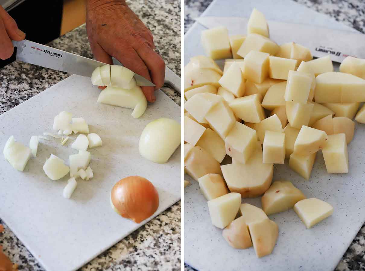 Chopping a yellow onion and dicing potatoes.