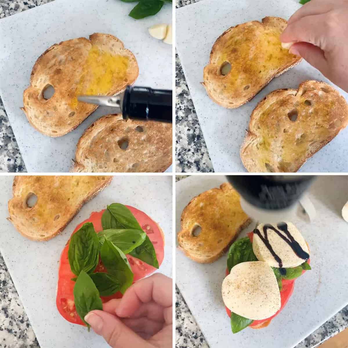 Process collage showing drizzling olive oil on warm toast and rubbing garlic on it, then assembling a caprese sandwich and drizzling with balsamic glaze.