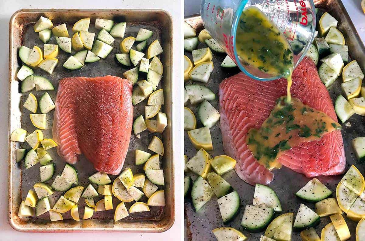 salmon, zucchini, and summer squash on a sheet pan with garlic lemon butter being poured on top.
