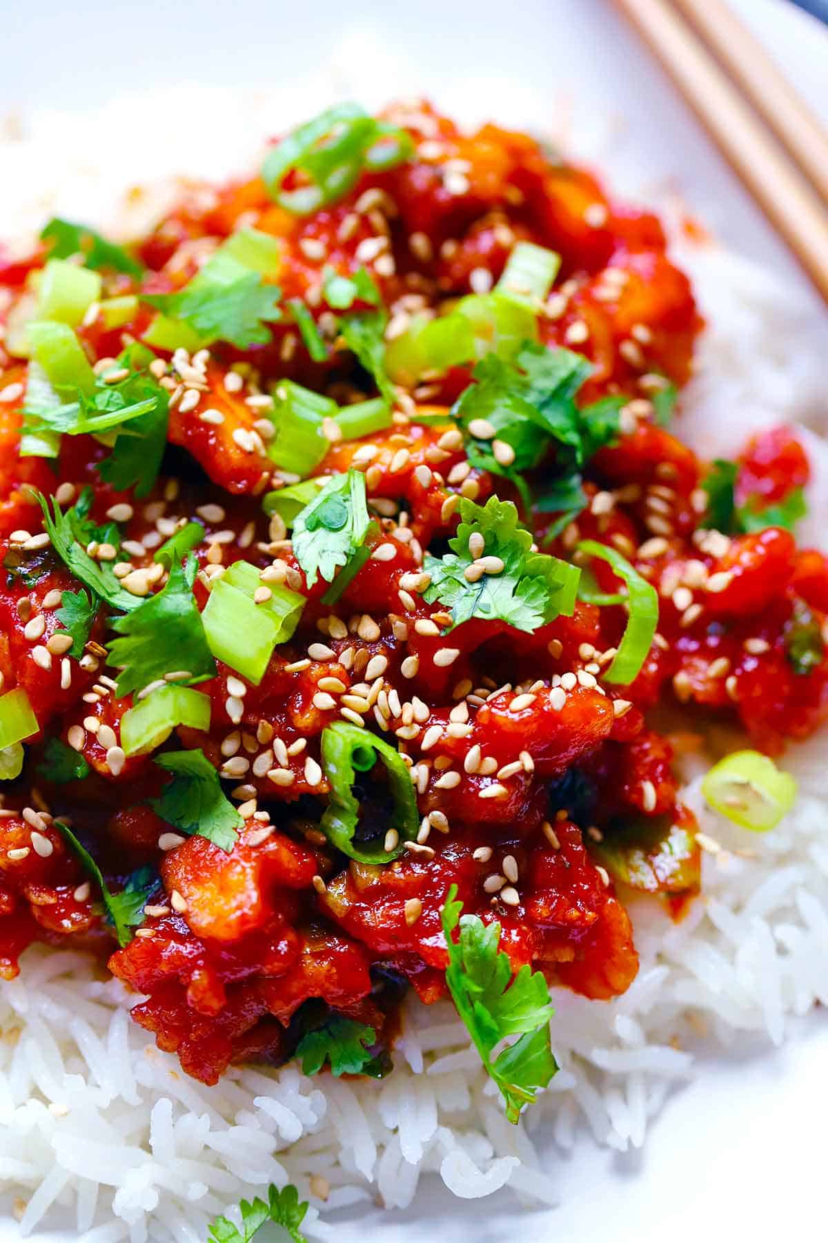 Close up photo of gochujang tofu showing texture.