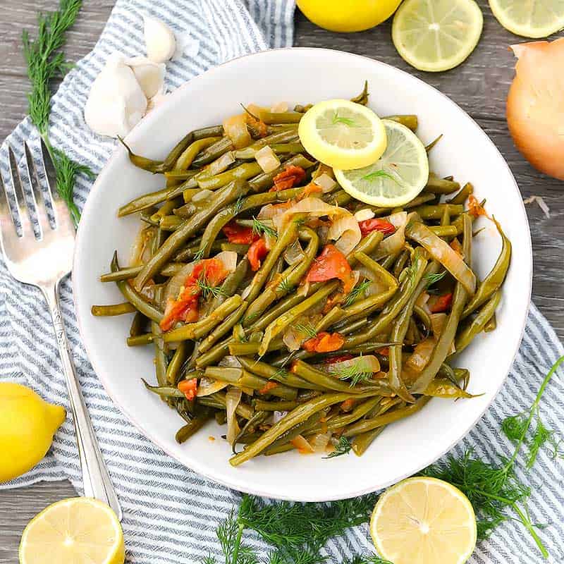 A bowl of Greek Green Beans.