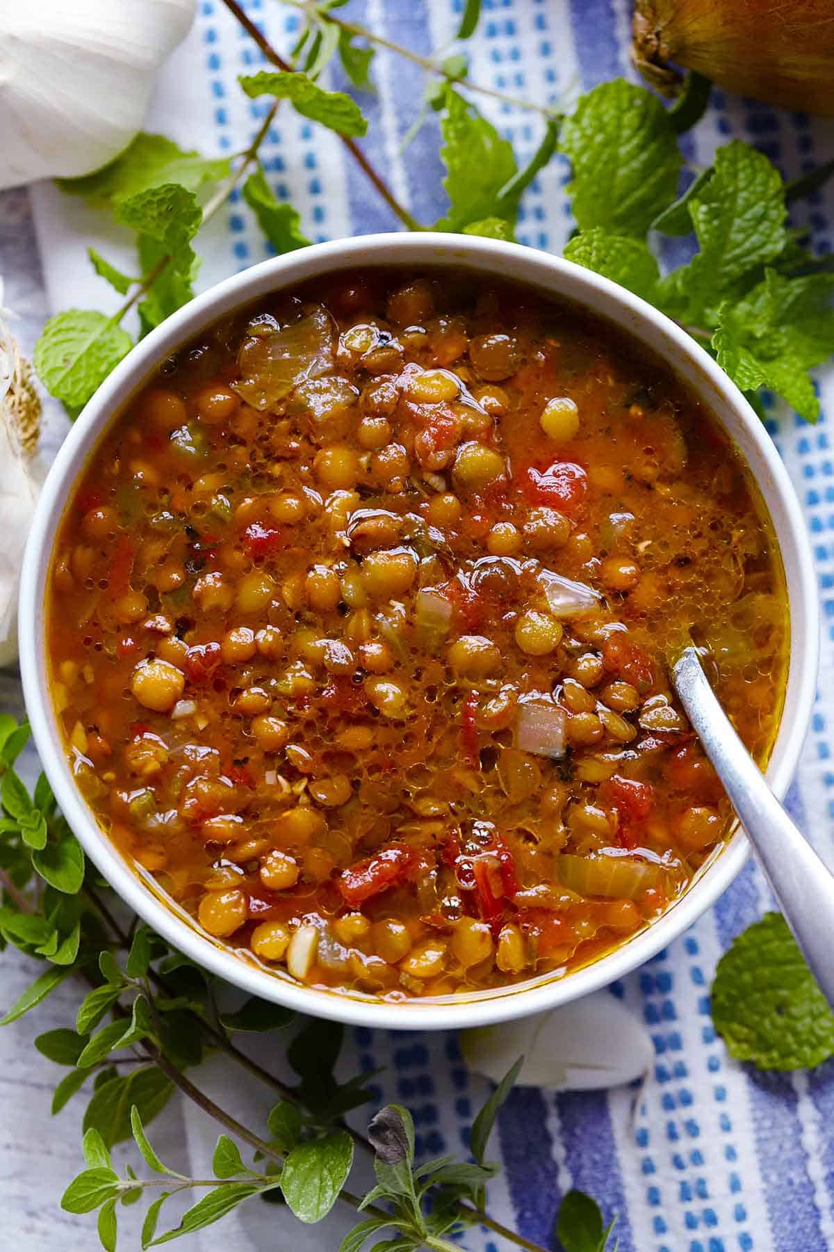 A close up photo of Greek Lentil Soup with a spoon in a white bowl, with mint and oregano sprigs surrounding it.