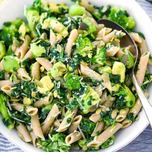 Square photo of green goddess pasta salad.
