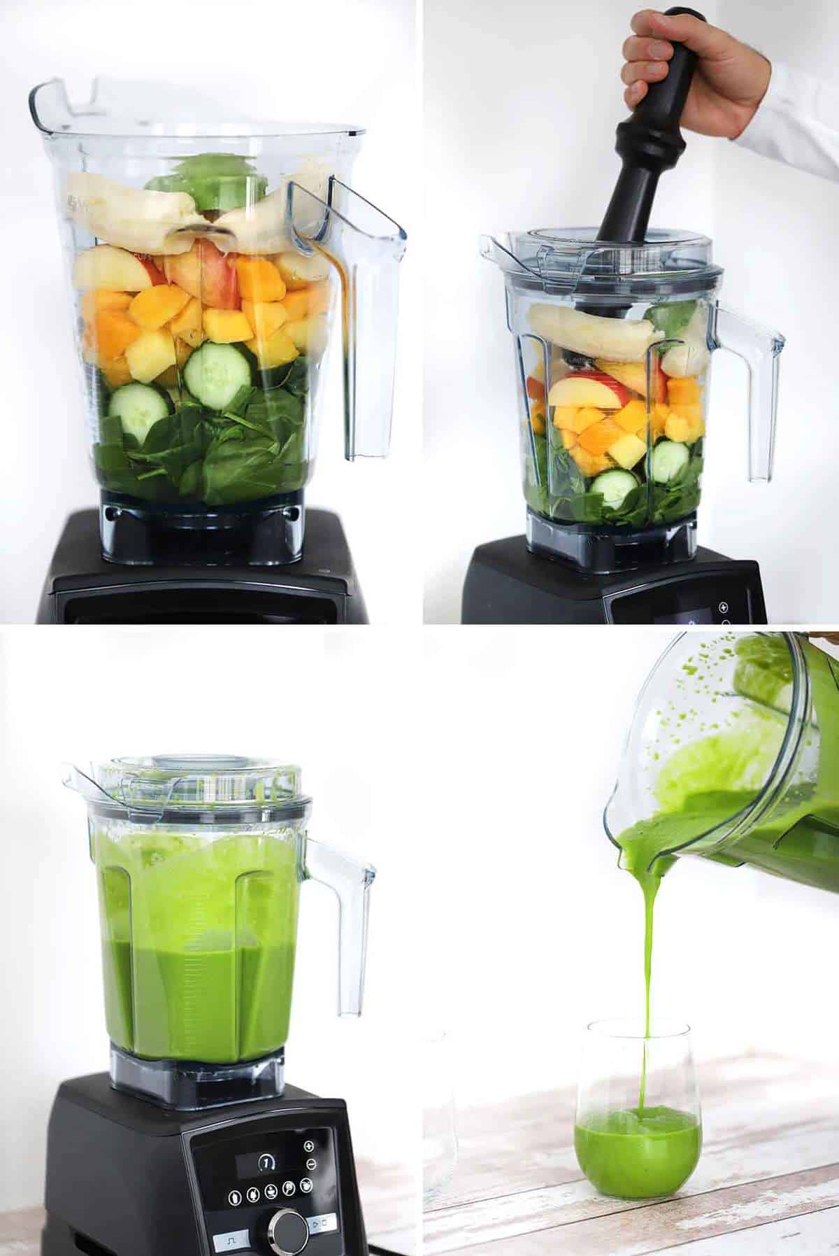 Process collage showing how to make a green smoothie in a blender.