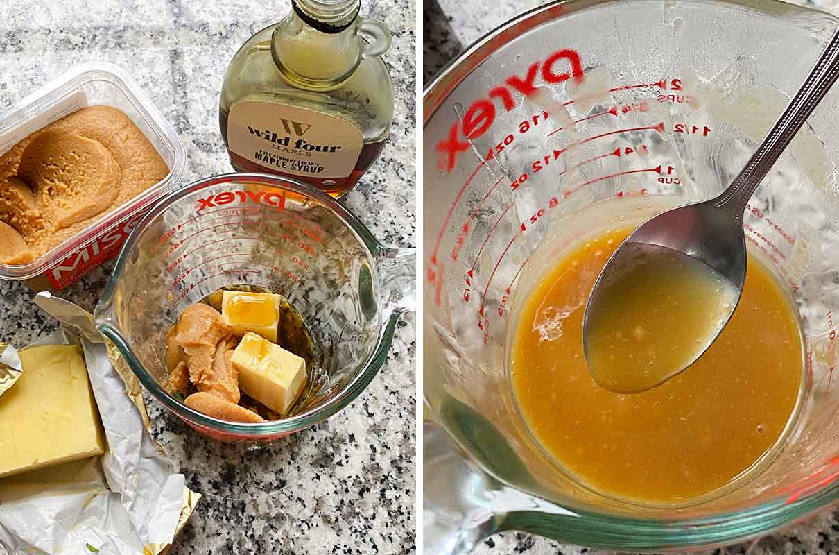 Collage showing the ingredients for maple miso butter and melted together.