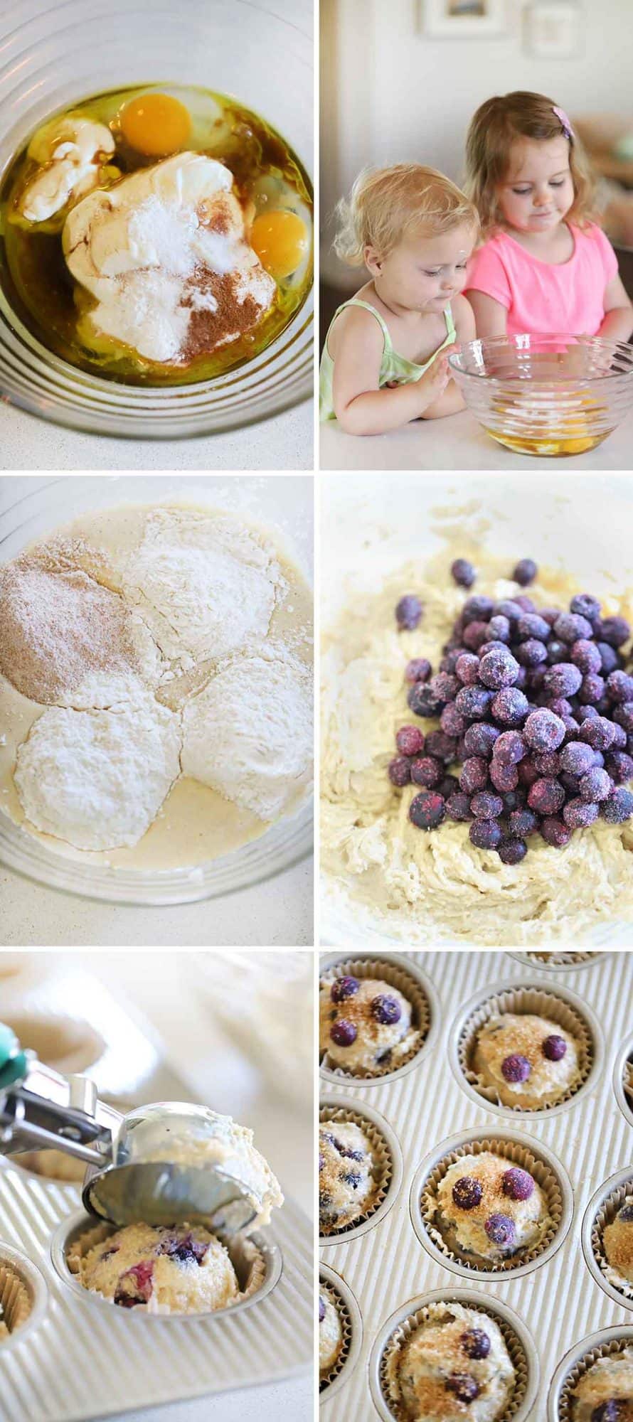 Photo collage showing how to make healthy blueberry muffins with kids helping.