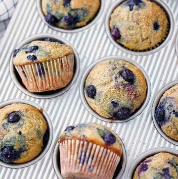 square photo of healthy blueberry muffins in a muffin pan.