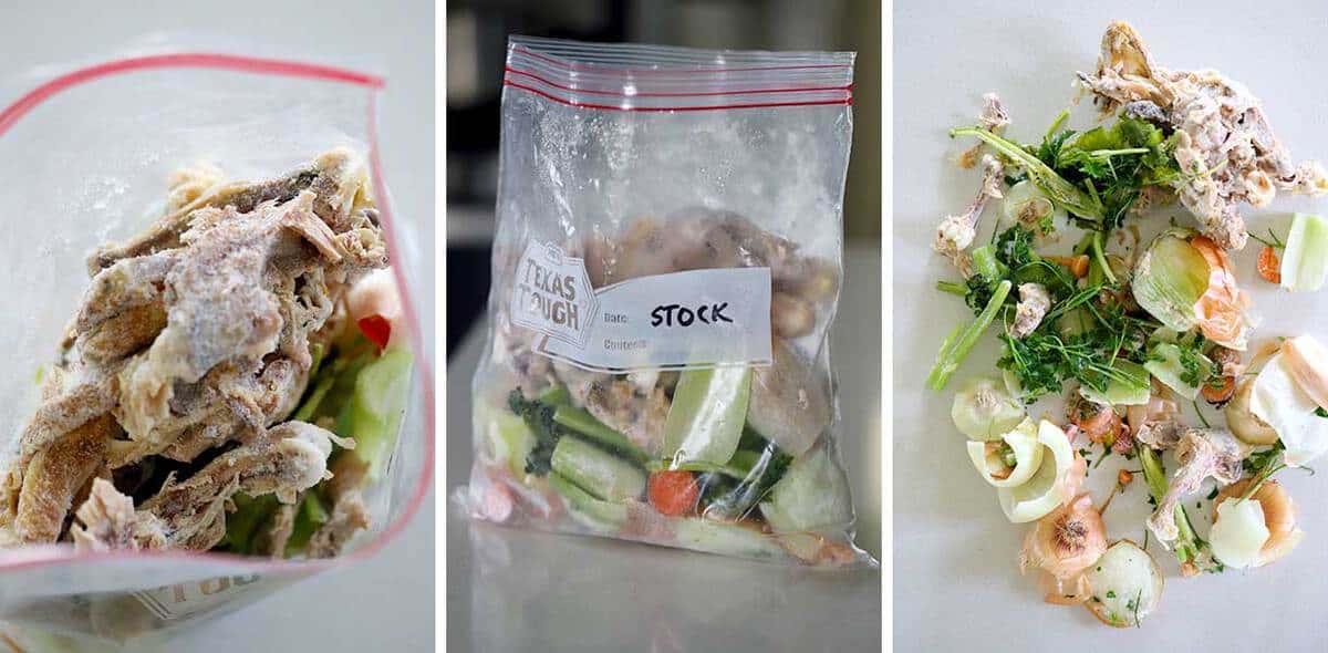 frozen onions, carrots, celery, and parsley scraps with chicken carcass