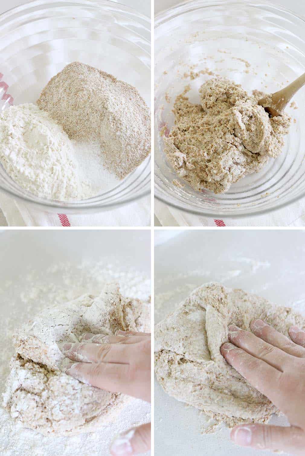 Photo collage showing 4 process photos of mixing whole wheat pizza dough.