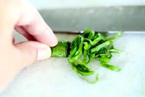 Cutting a chiffonade of basil