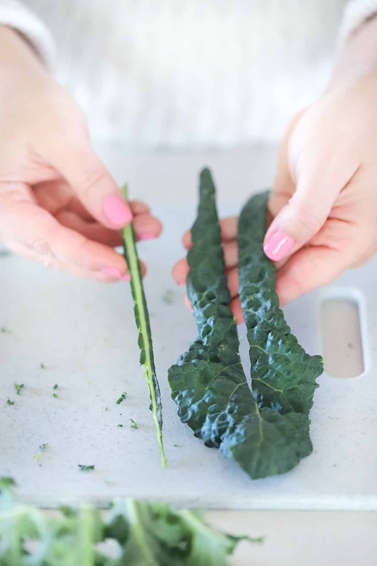 Stem removed from Tuscan kale leaf.