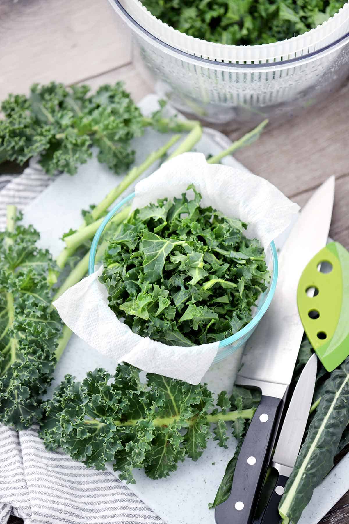 Prepped kale in a container.