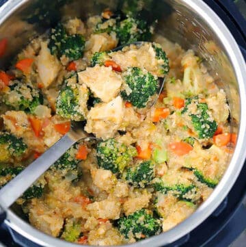 Square photo of instant pot chicken broccoli and quinoa with cheese.