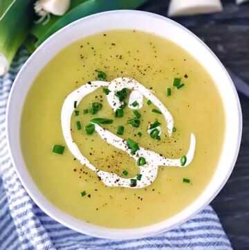 Square photo of potato leek soup.