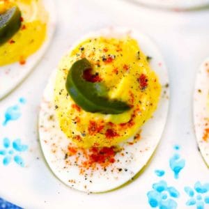 Square photo of a jalapeño deviled egg.