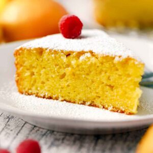 Square photo of lemon olive oil cake.