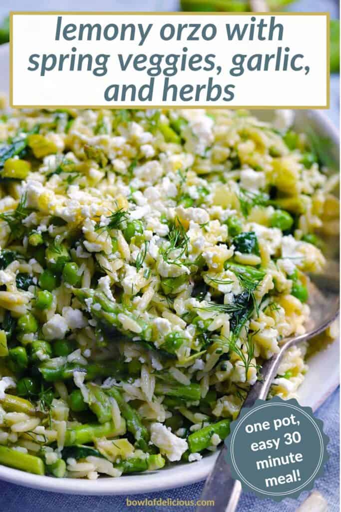 Pinterest image for lemony orzo with spring vegetables.
