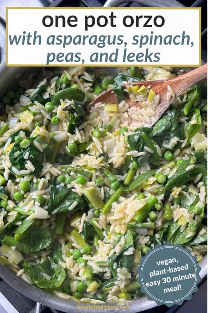 Pinterest image for lemony orzo with spring vegetables.