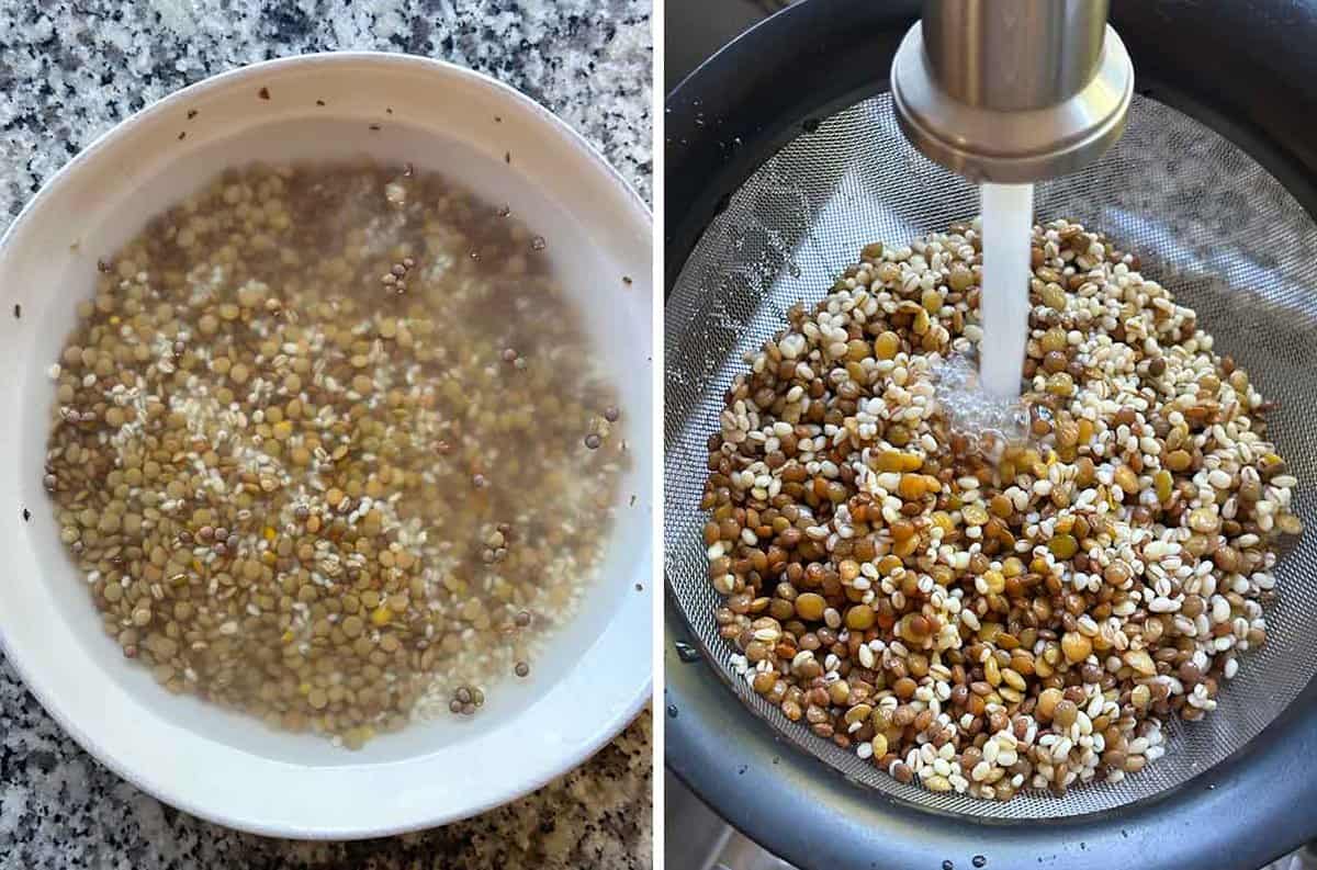 Photo collage showing green and brown lentils and barley soaking in a bowl, then rinsed in a mesh sieve.