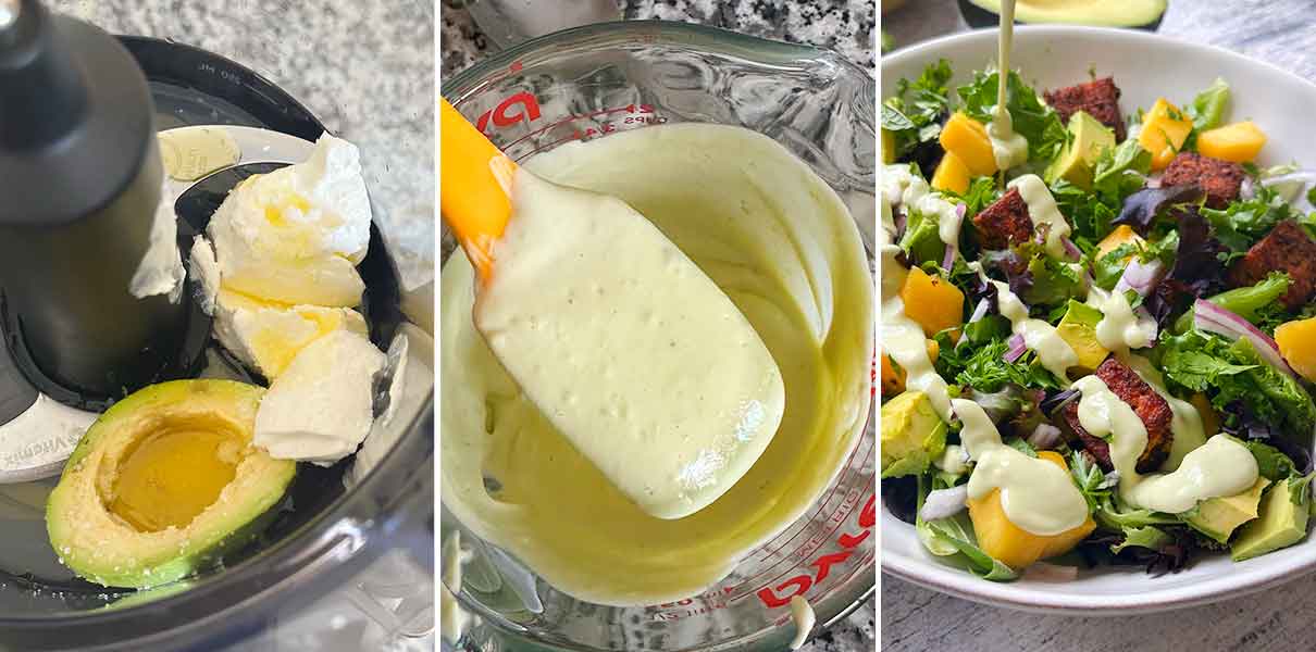 Process collage showing how to make avocado lime dressing in a food processor and then the consistency it should be to drizzle on salad.