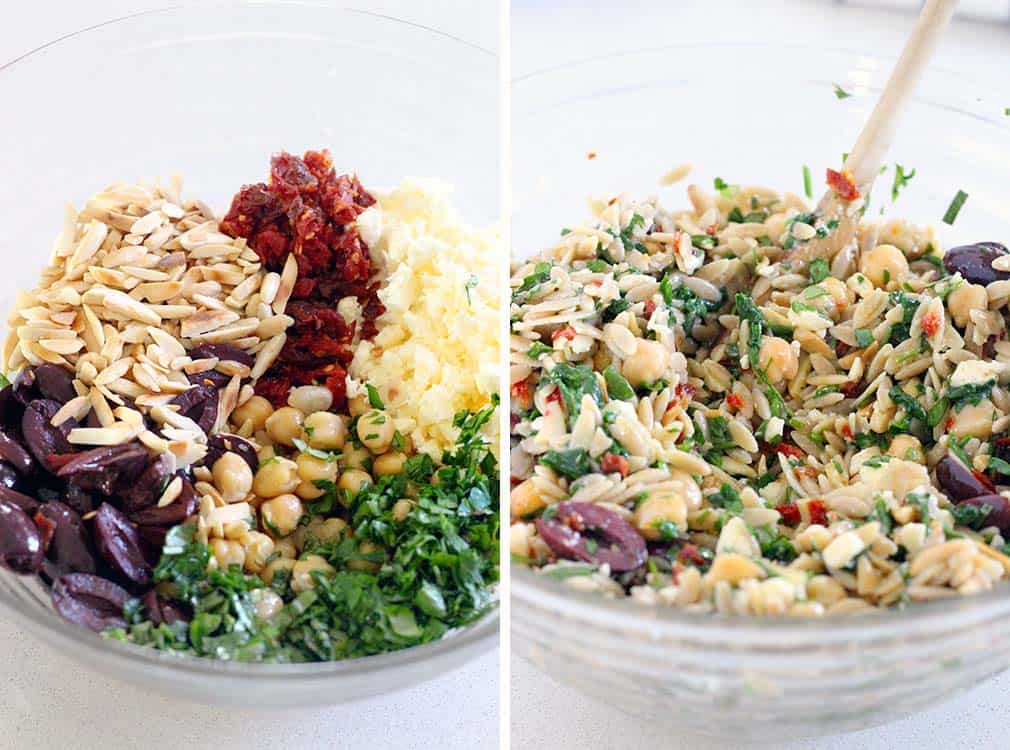 This easy Chickpea and Orzo Salad recipe has all the flavors of the Mediterranean- olives, feta, sun dried tomatoes, and garlic- with an awesome crunch from toasted almonds. It's packed with fiber and nutrients and is great as a side at a potluck or an entire meal.