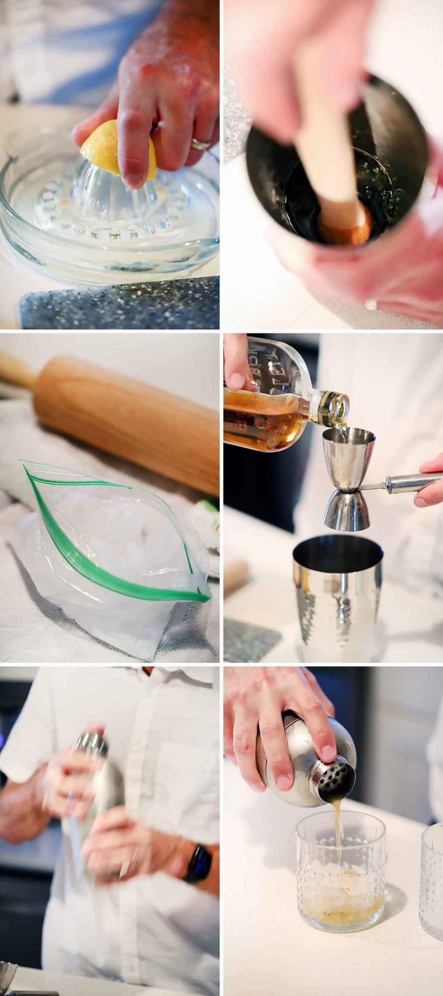 Process collage showing how to make a mint julep.