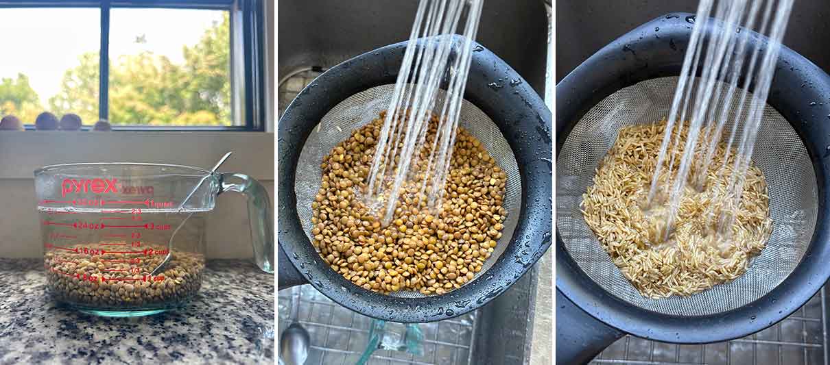 Process collage showing soaking, draining, and rinsing lentils before cooking with them, and also rinsing brown basmati rice.