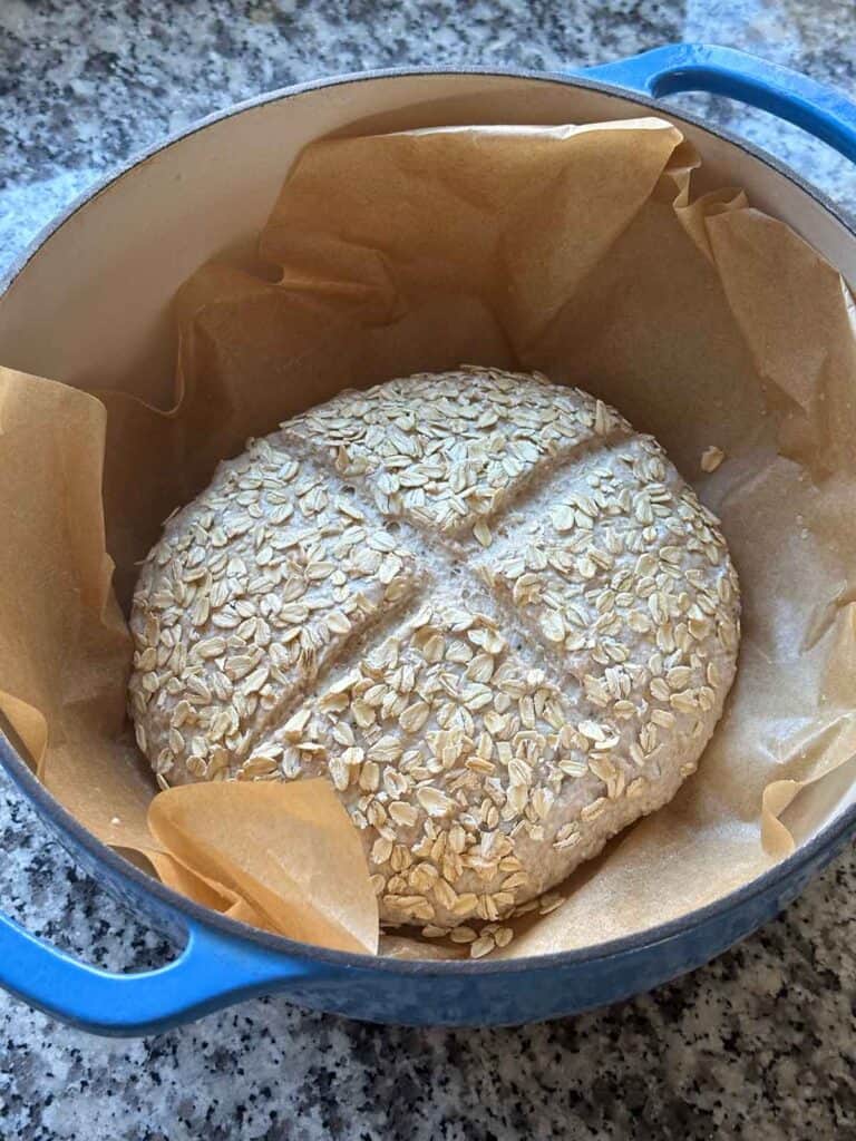 Multigrain no knead bread dough on parchment paper in a Dutch oven before baking.